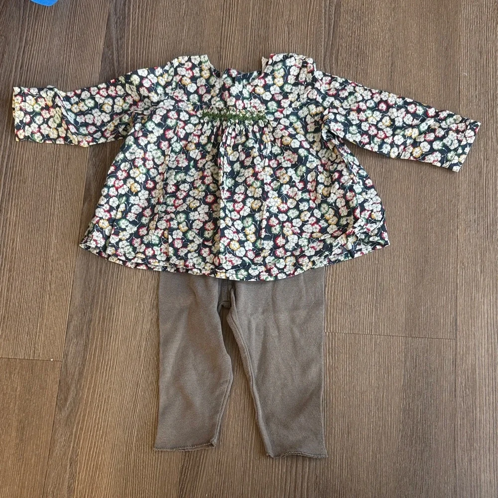 Bonpoint baby girl bundle with floral smocked blouse and khaki leggings 6m
